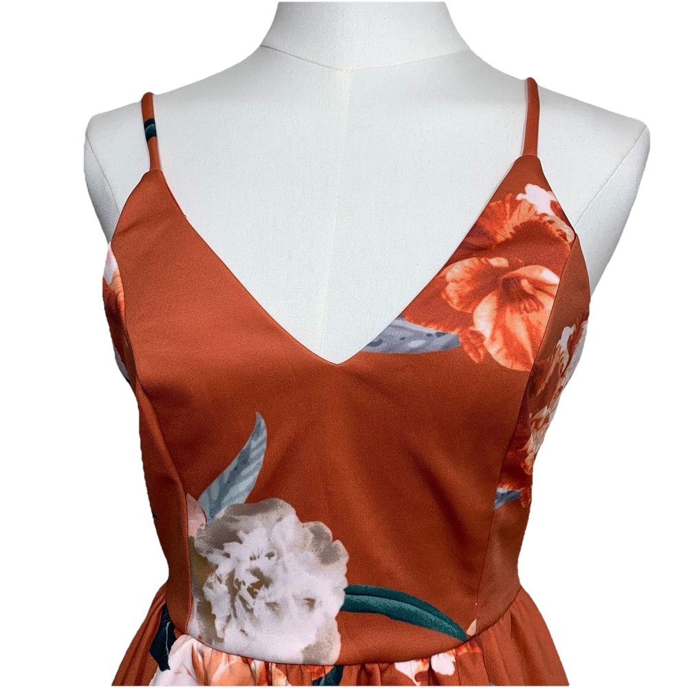 TRAC Fit and Flare Dress Womens Small Rust Floral V-Neck Spaghetti Strap Mini - Picture 5 of 10